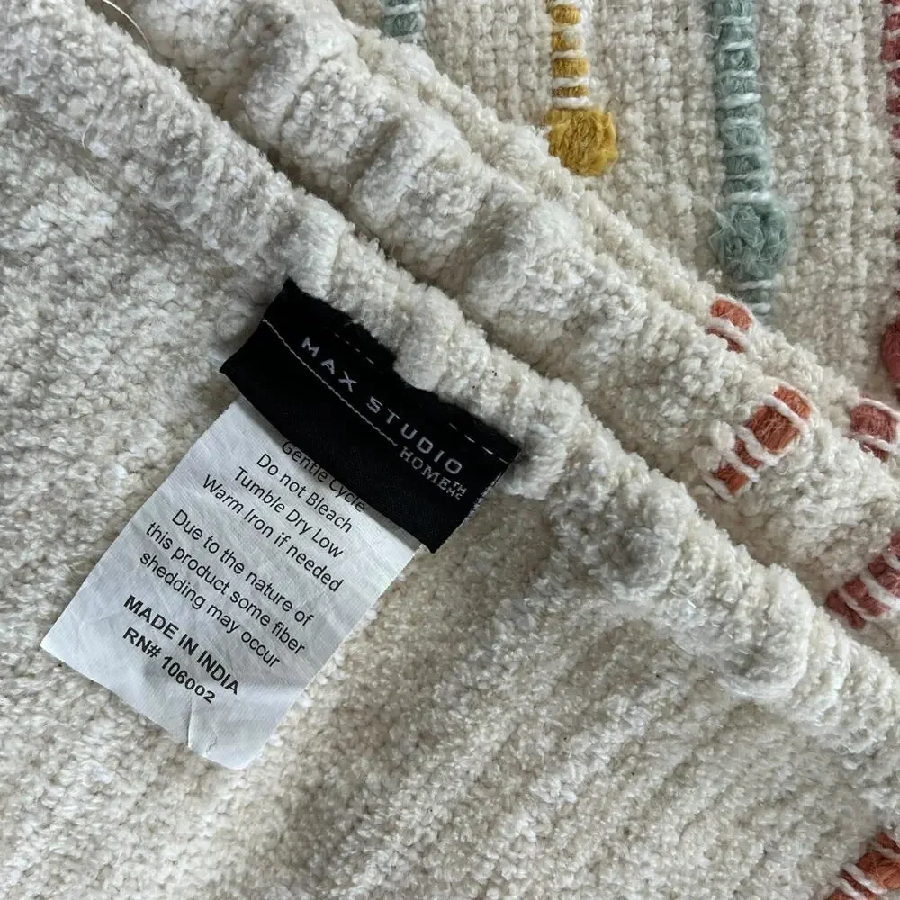 Max Studio Home Textured Throw Blanket 46x58 Boho Cream Pom Pom Stripe